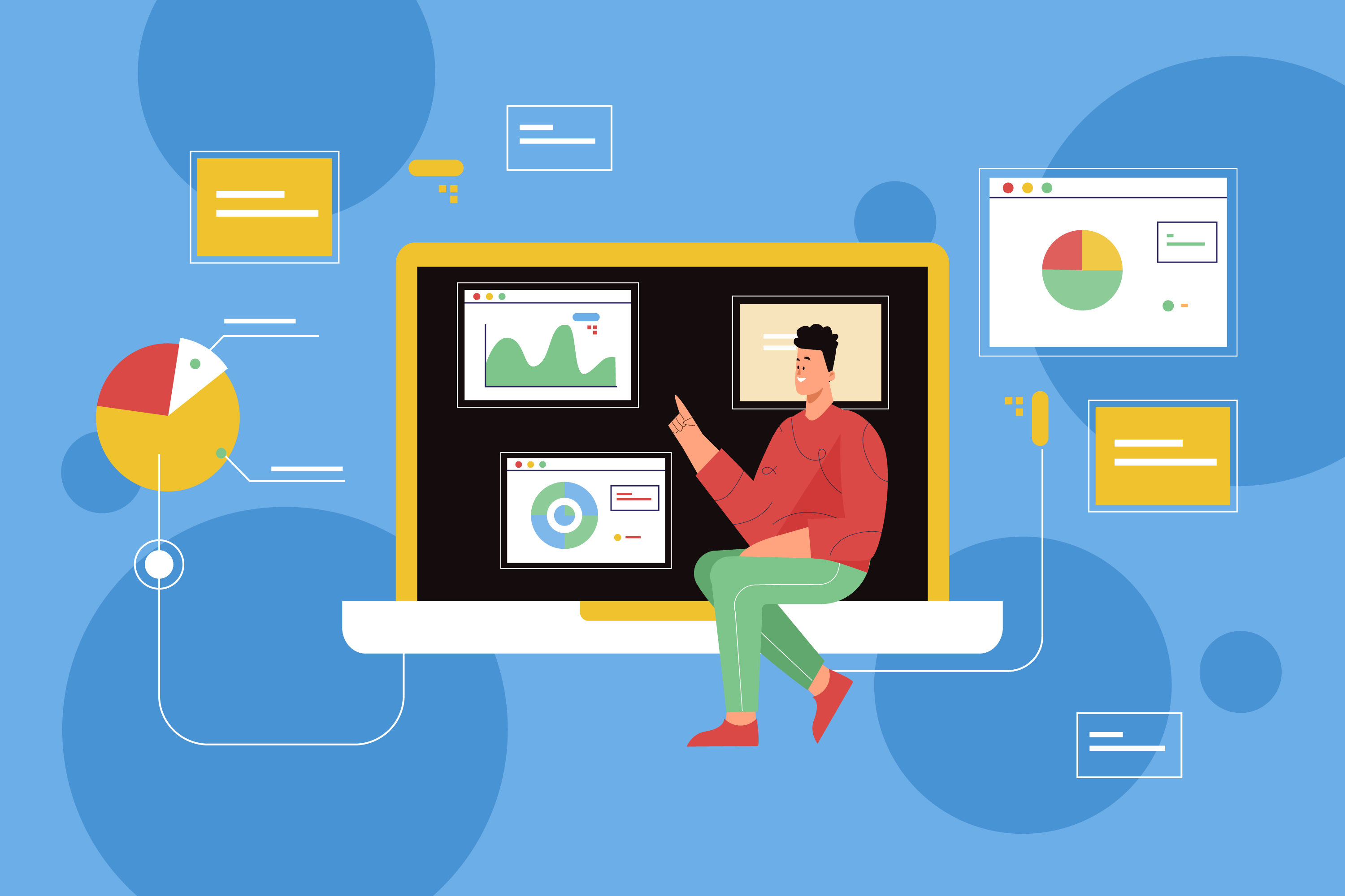 Flat-иллюстрация аналитика с лэптопом и графиками — настройка GA4