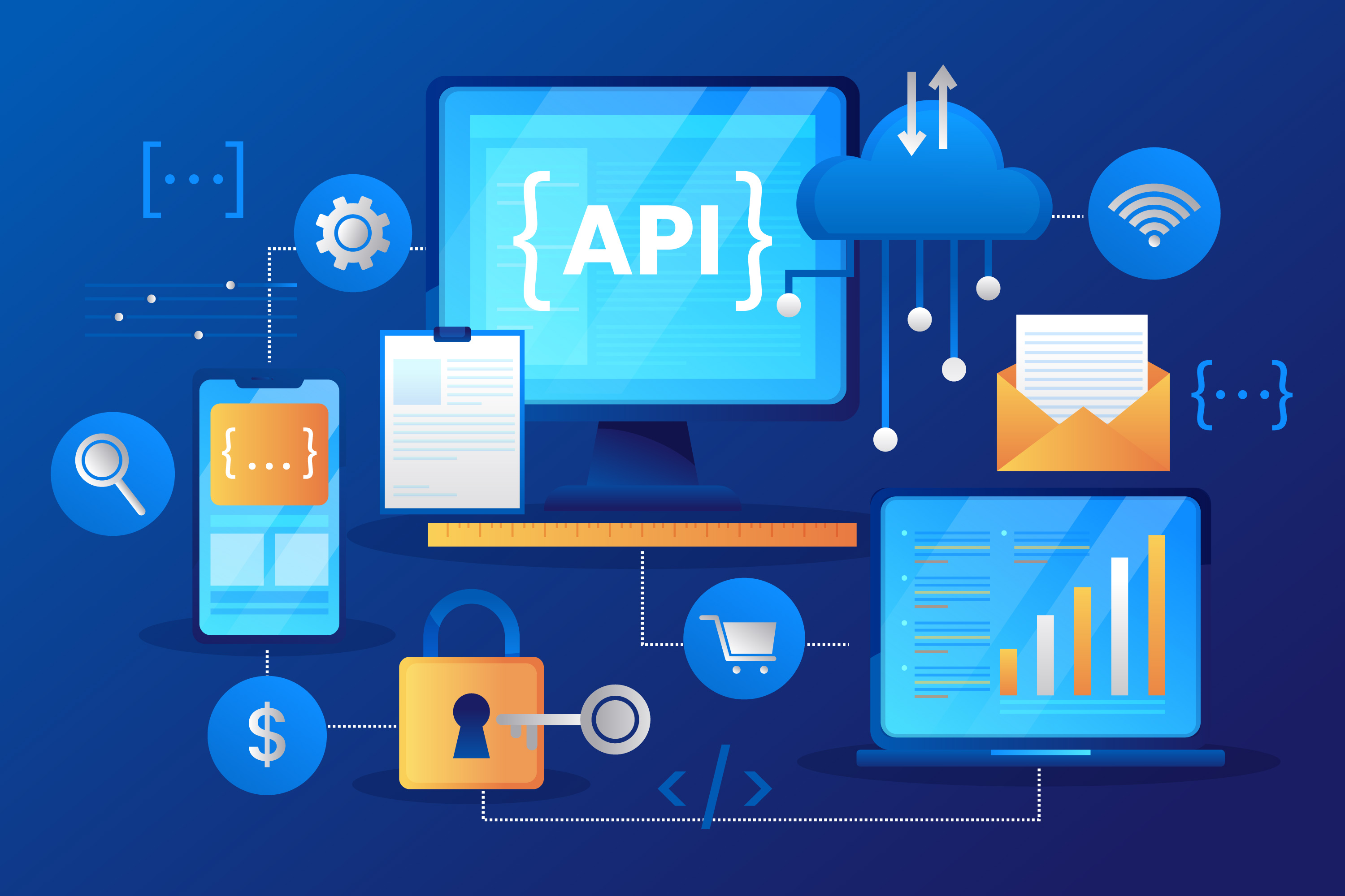 Flat-иллюстрация API/разработки в градиентном стиле — production-grade запуск сайта