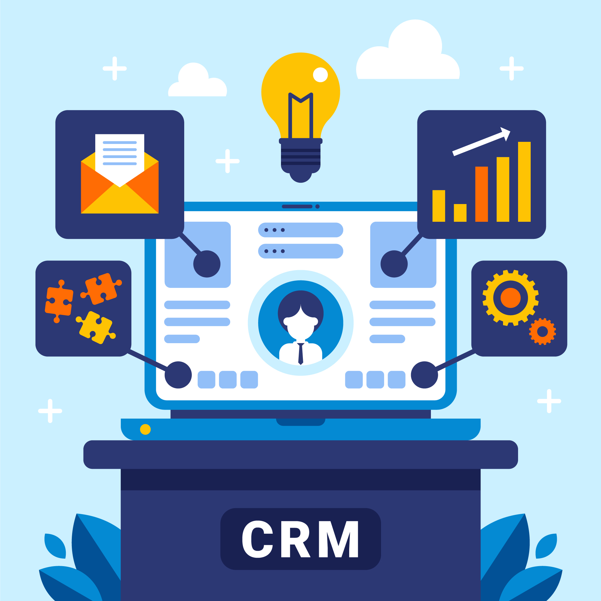 Flat-иллюстрация CRM-дашборда с email лампой графиком шестерёнками и пазлом — интеграция коллтрекинга