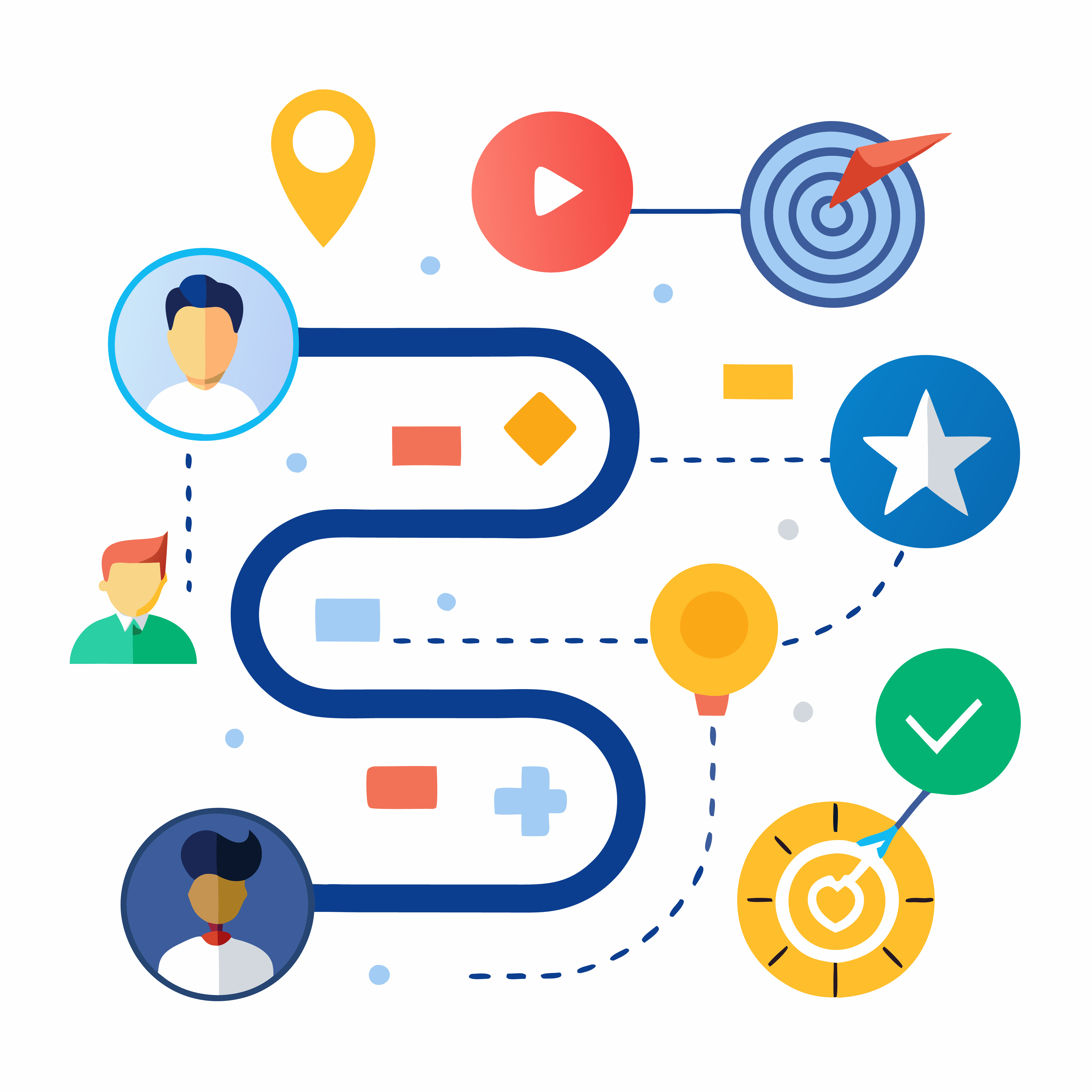Извилистый путь с аватарами людей целями и звёздами — customer journey и сессии