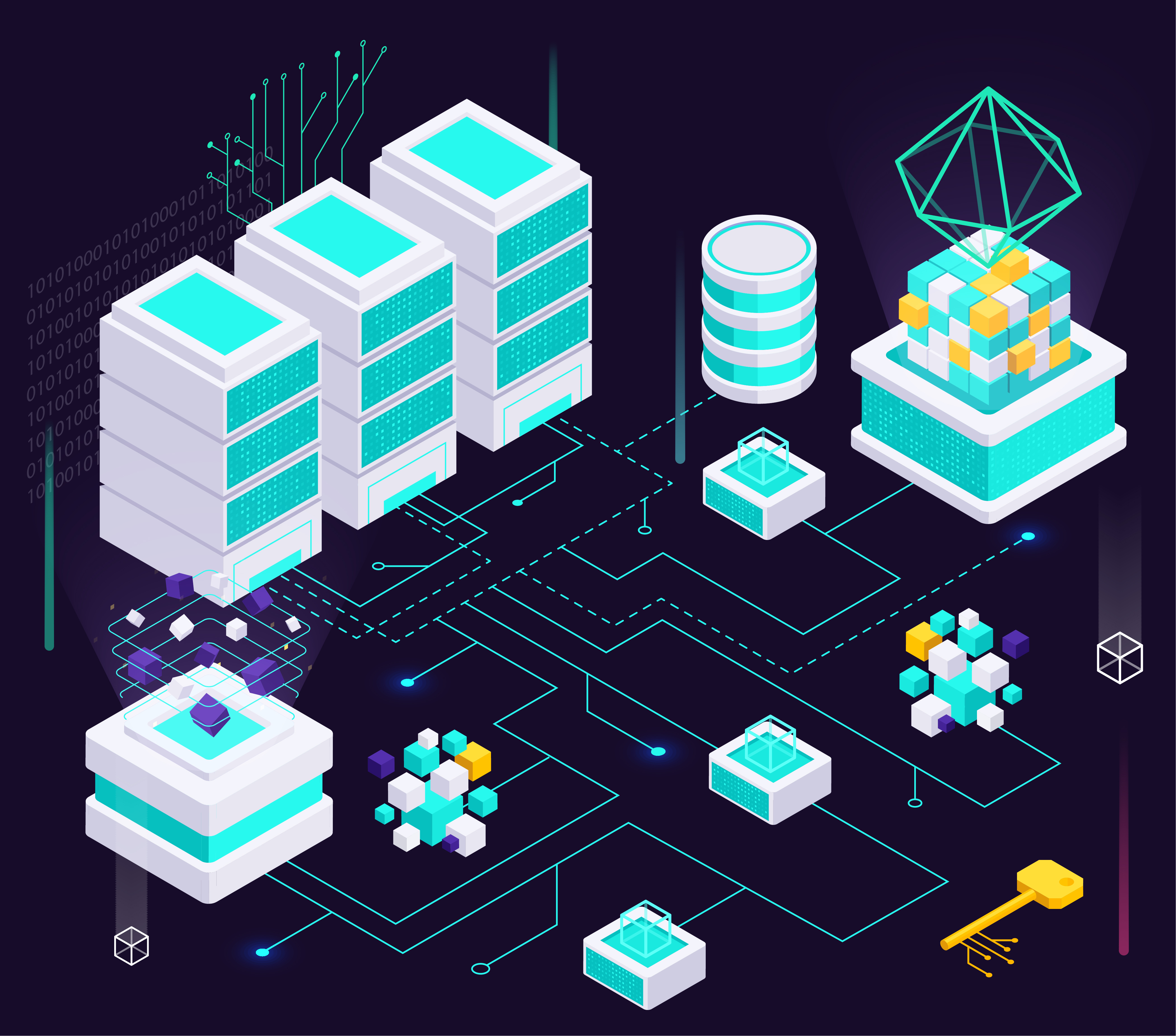 Изометрическая иллюстрация teal-серверов с плавающими кубами данных и оранжевым ключом — UTM передача параметров