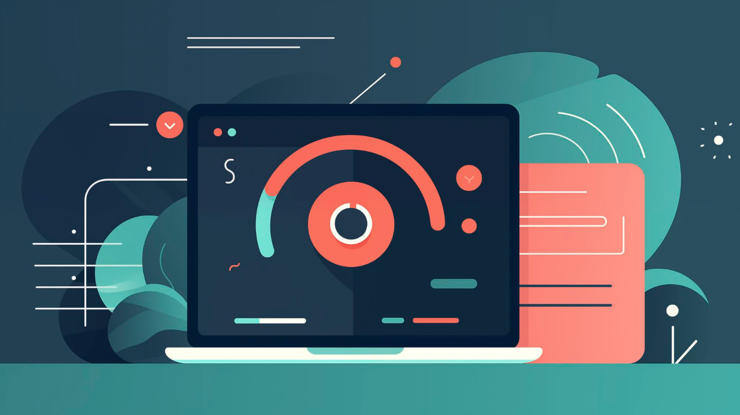 Flat-иллюстрация лэптопа со стрелочной аналитической шкалой на тёмно-бирюзовом фоне