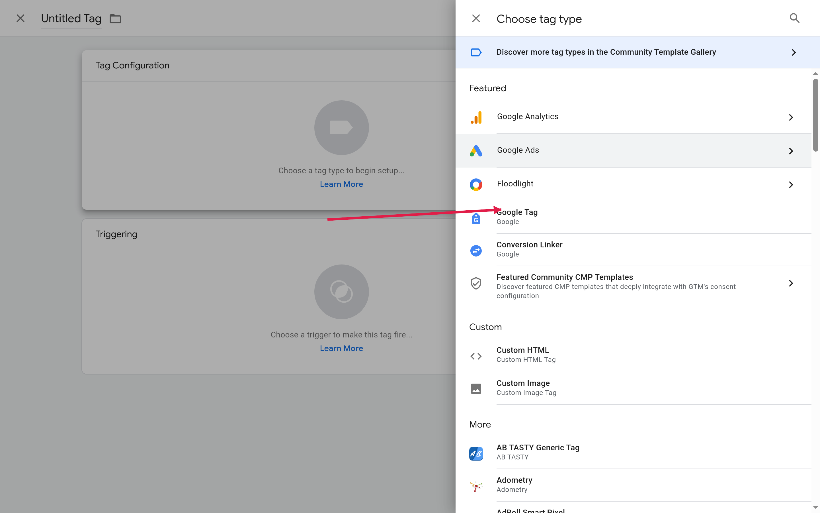 Панель «Choose tag type» в Google Tag Manager: в списке Featured выбран тип «Тег Google»