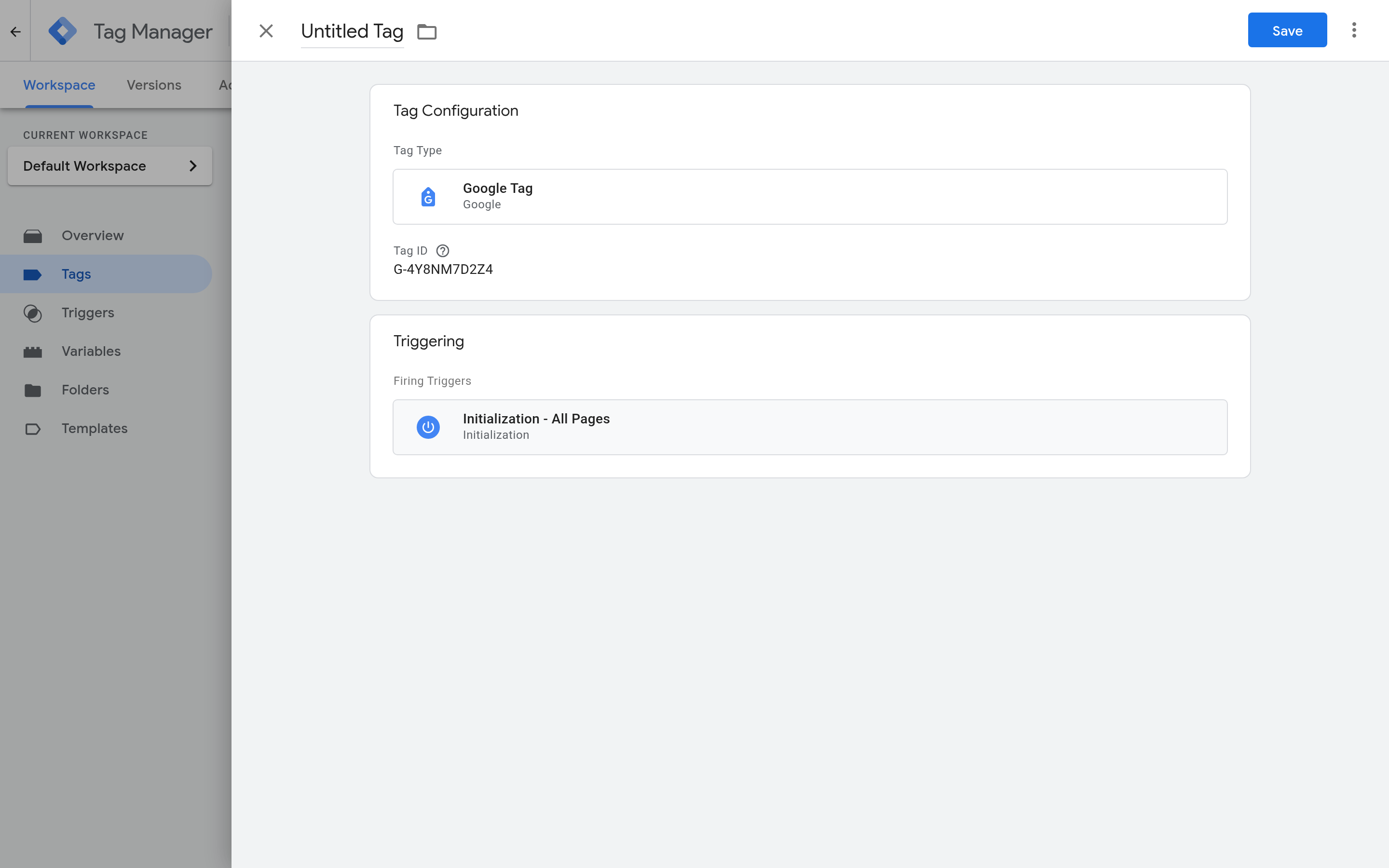 Настройка тега Google в GTM: поле Tag ID с Measurement ID формата G-XXXXXXXXXX