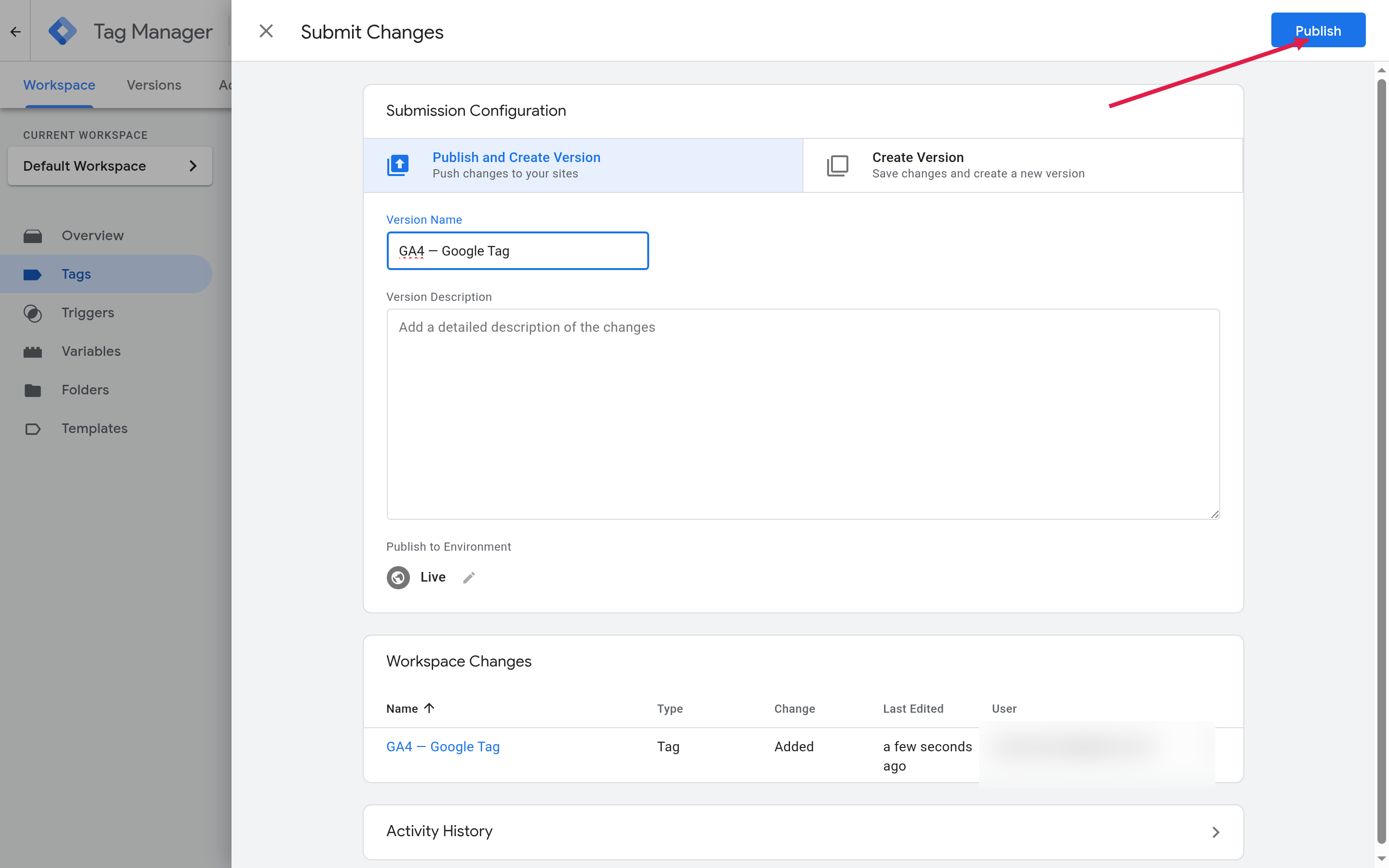 Экран «Submit Changes» в Google Tag Manager: публикация версии контейнера кнопкой Publish