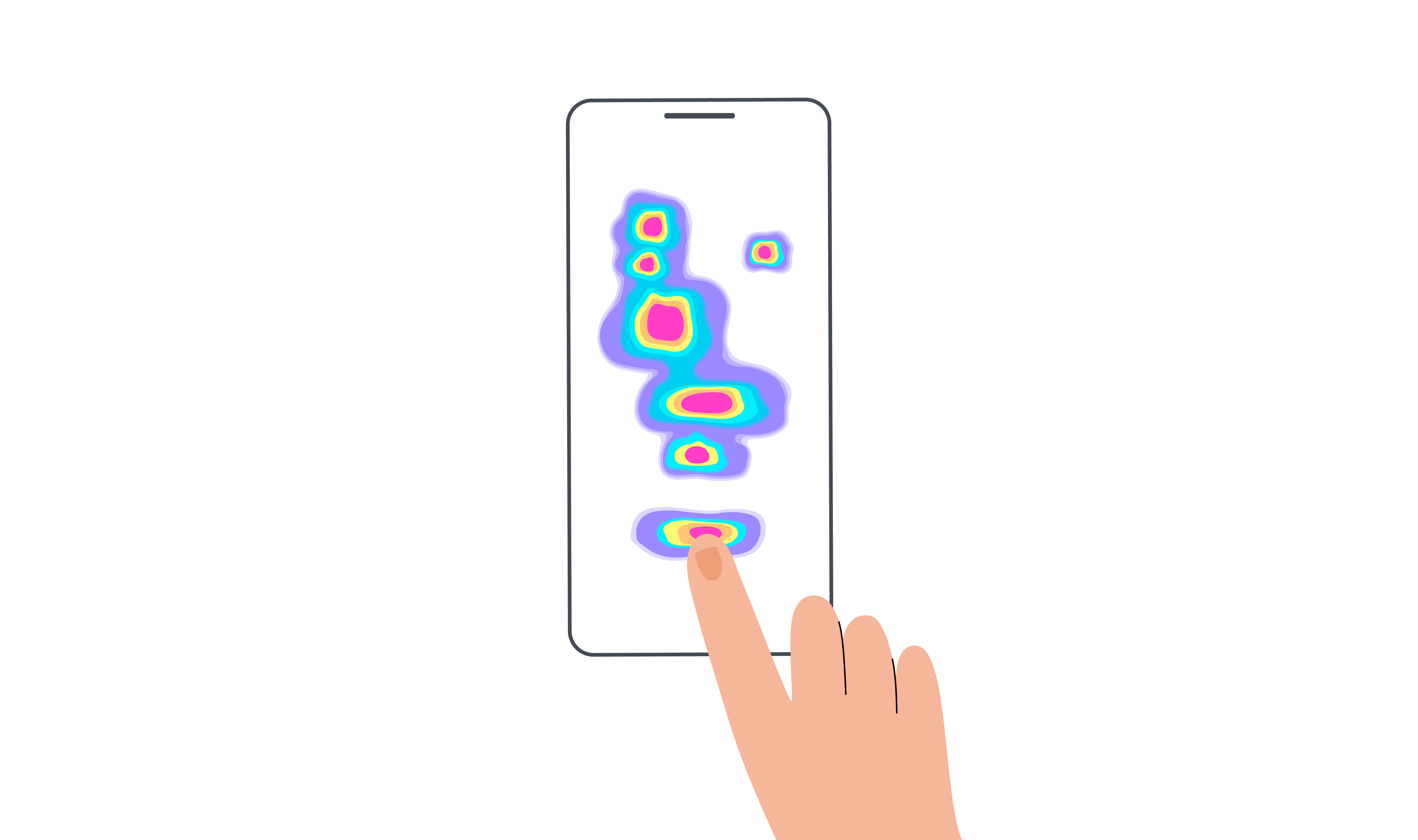Flat-иллюстрация смартфона с вертикальным click heatmap и пальцем касающимся кнопки