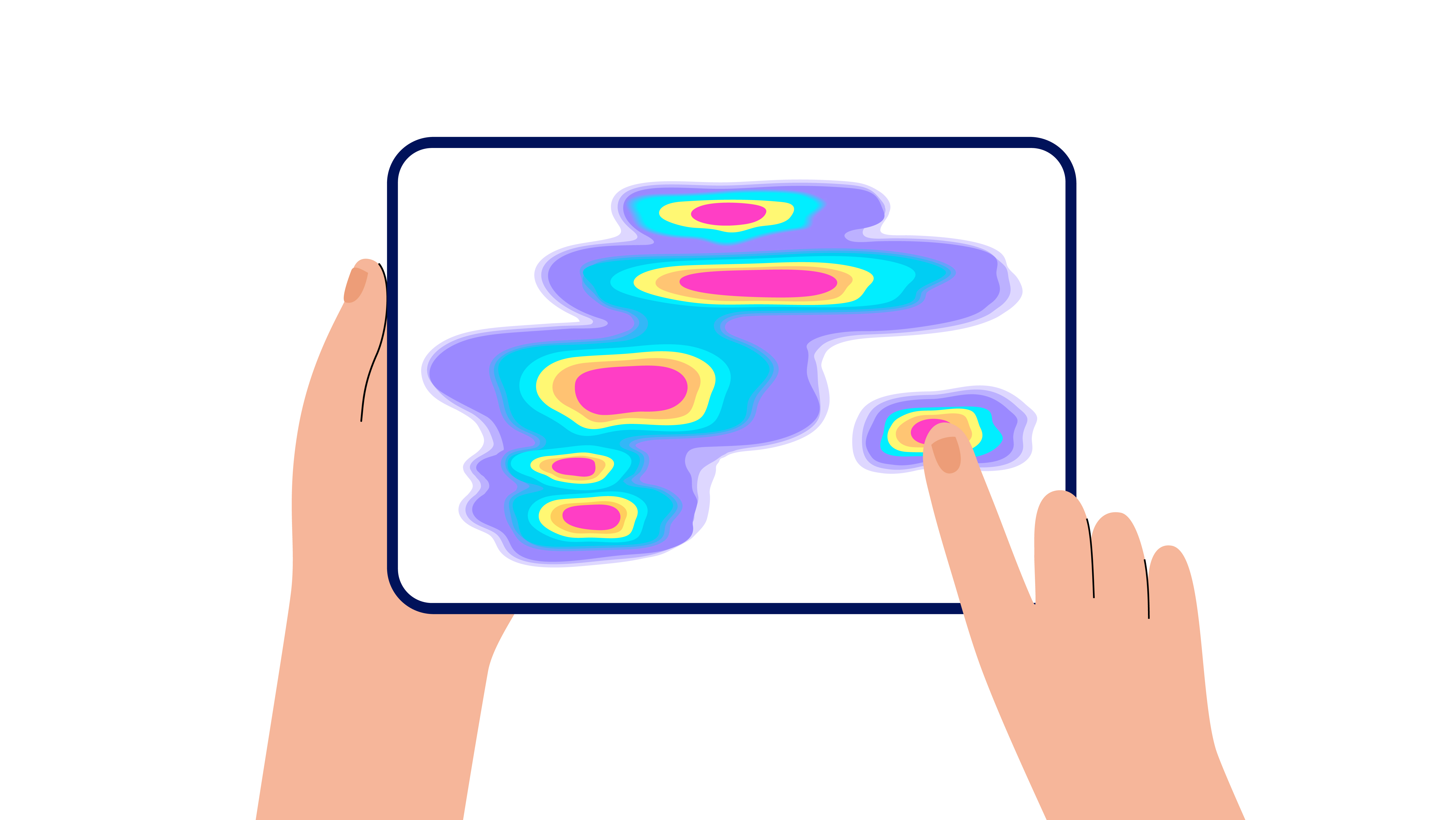 Flat-иллюстрация руки с планшетом и радужным click heatmap и пальцем