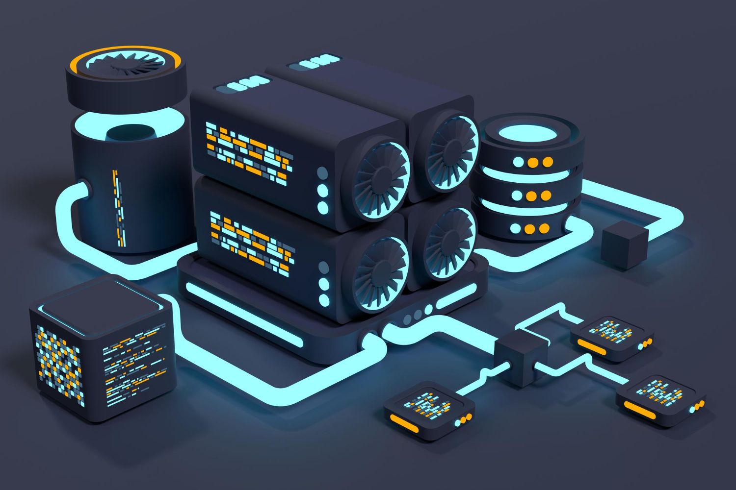 Тёмный футуристичный 3D-кластер серверов с cyan и orange неоновыми соединениями