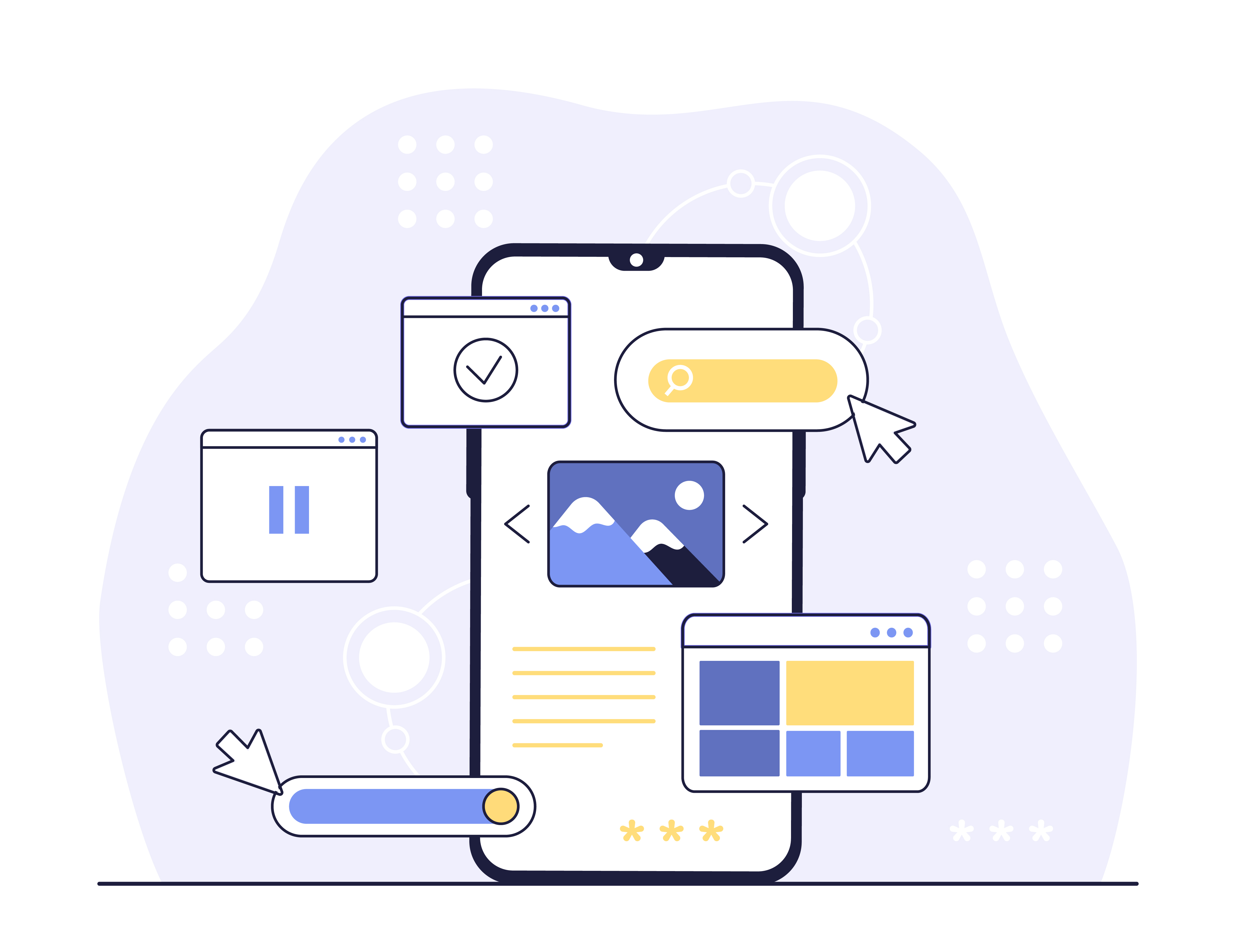 Смартфон с окружающими UI-элементами для поиска и галереи — клик на сниппет