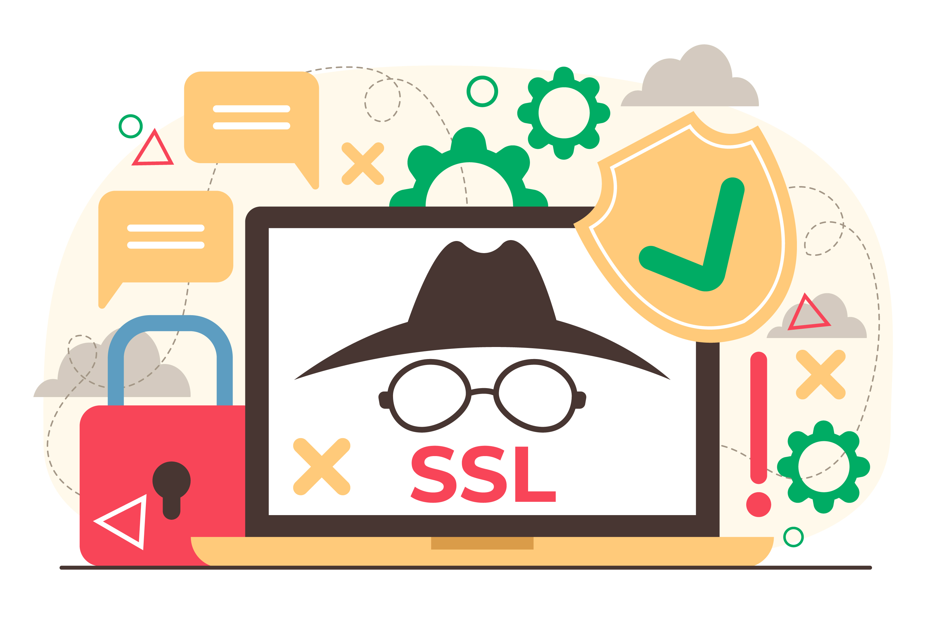 Flat-иллюстрация монитора с SSL-надписью шляпой детектива и навесным замком со щитом